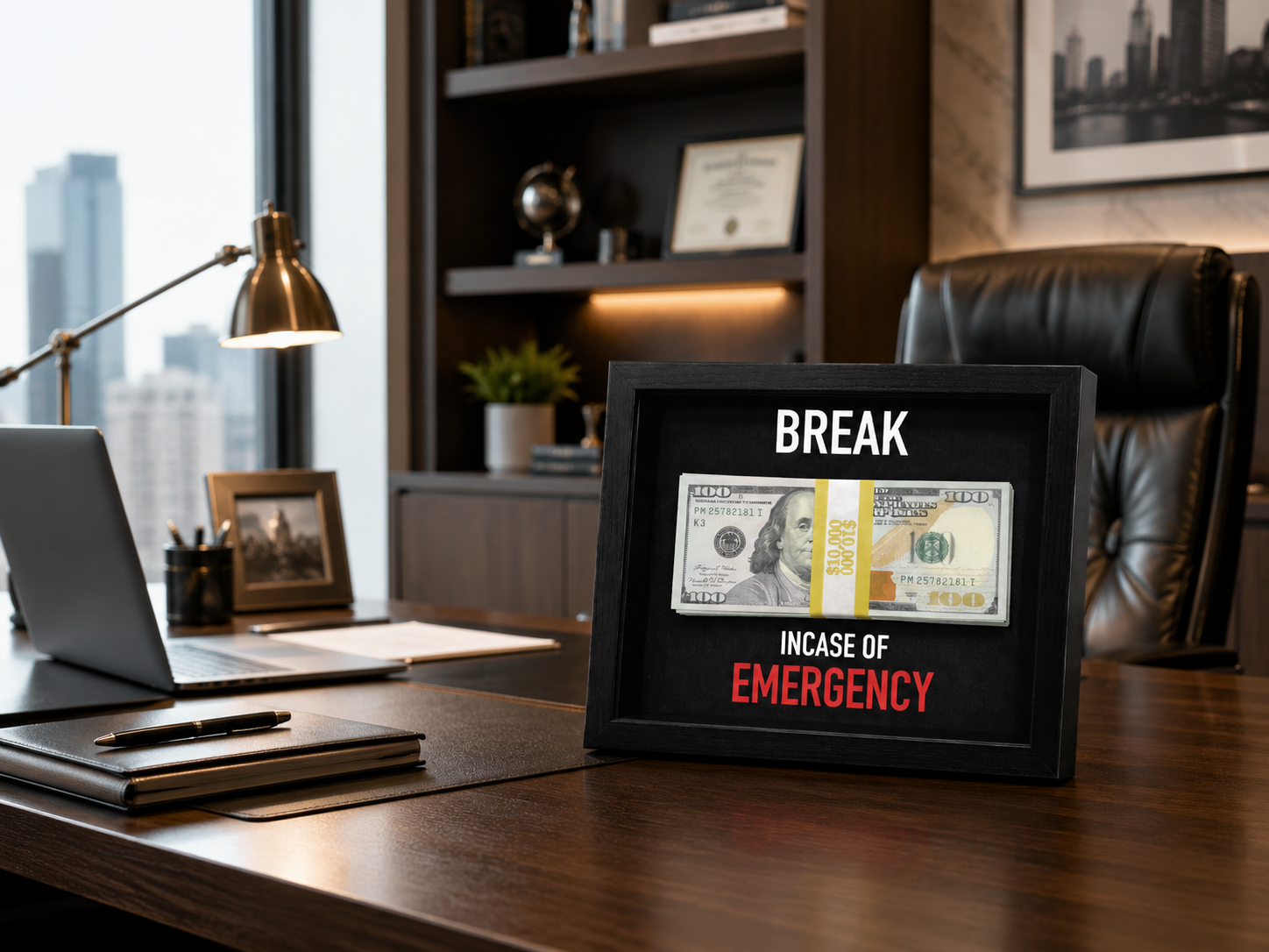 Emergency Reserve Desk Frame — Luxury Money Display Décor with Prop Cash | Brnd Studio