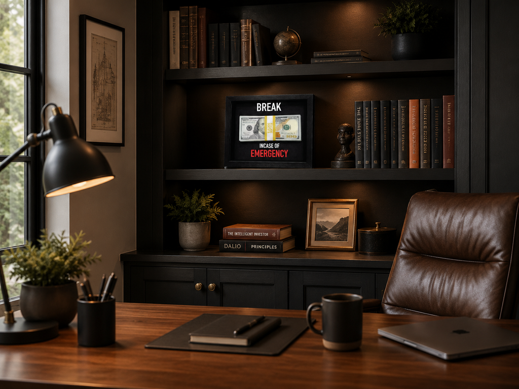 Emergency Reserve Desk Frame — Luxury Money Display Décor with Prop Cash | Brnd Studio