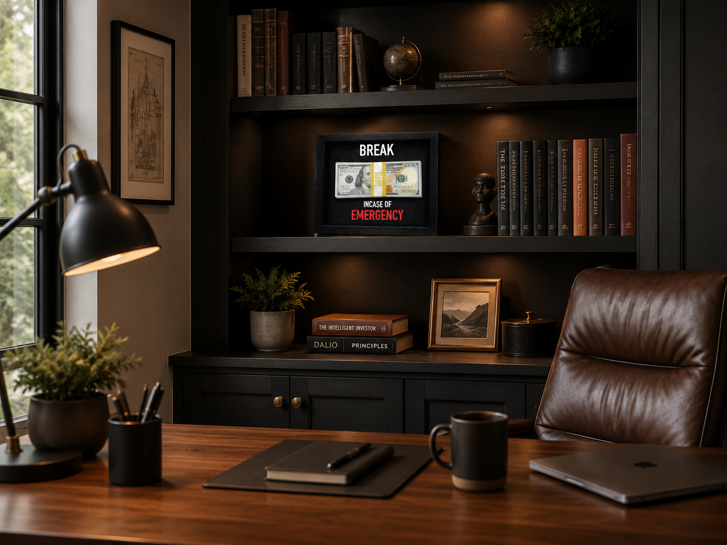 Emergency Reserve Desk Frame — Luxury Money Display Décor with Prop Cash | Brnd Studio